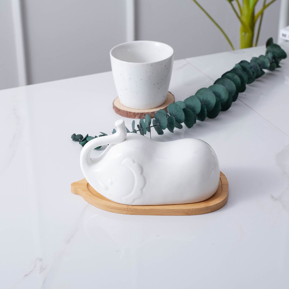 1 pc smørtallerken med lokk elefantform hvit keramisk enkel trefat smørholder servise til hotellrestauranten