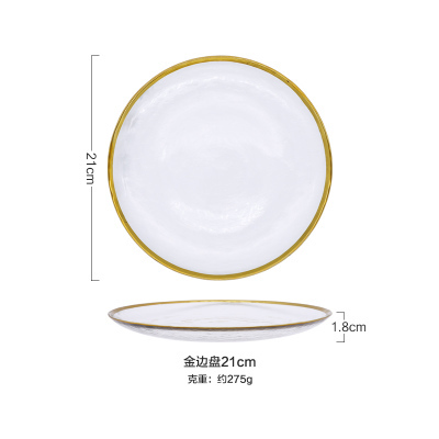 Vajilla de vidrio con borde dorado, plato occidental de comida, plato plano para ensalada, conjunto de carne para banquete, plato de exhibición, vajilla, utensilios de cocina: 21cm