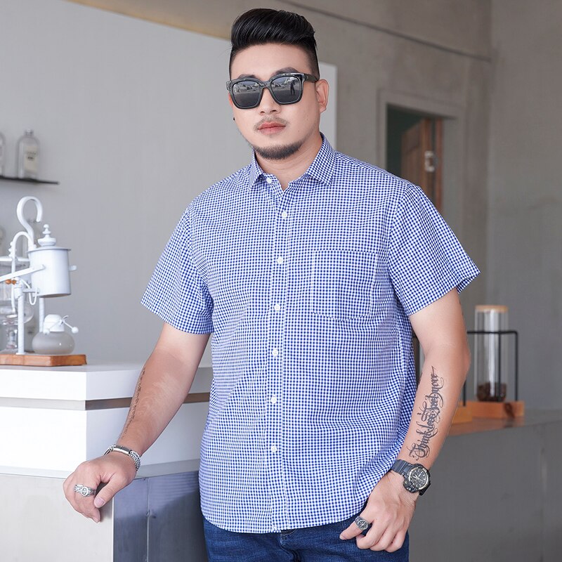 10XL big size Summer Men's leisure boutique cotton short sleeve shirt lattice Male lapel embroidery casual shirts: 9XL