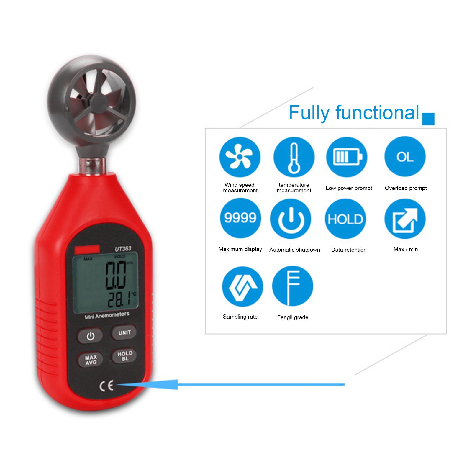 UT363 Handheld Anemometer Digital Anemometer Measuring Air Conditioning Outdoor Wind Speed Temperature Volume Tester