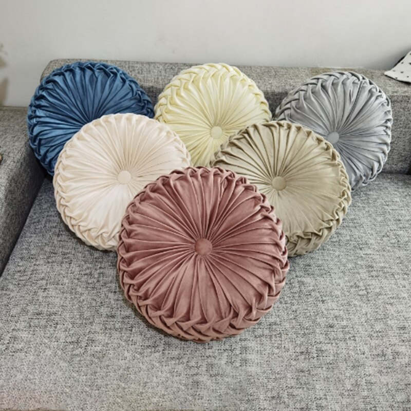 Coussin rond plissé en velours de 38cm, Textile de maison, couleur unie, coussin de maison, canapé-lit, oreiller de taille pliable européenne