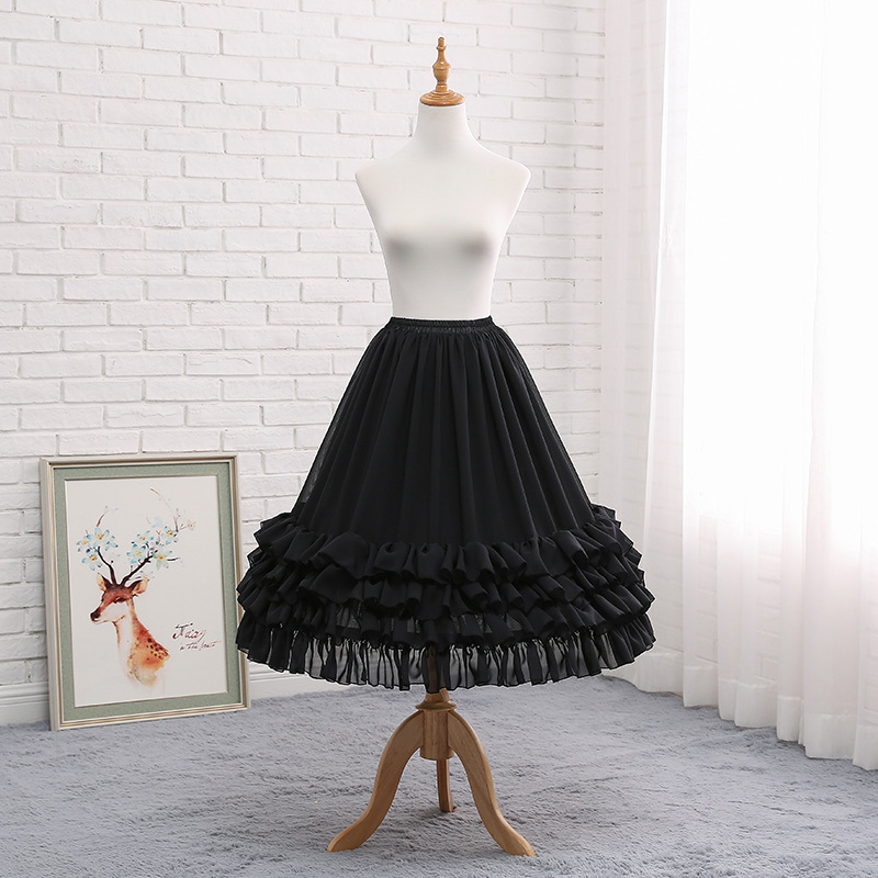 Ruffled Tea Length Lolita Petticoat Adjustable Crinoline Chiffon Underskirt: black