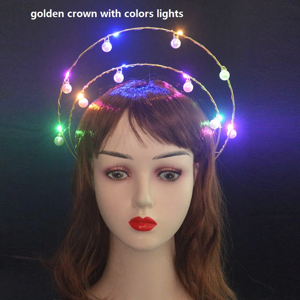 Glow Light Up Godin Crown Angel Bridal Gold Halo Hoofdband Veer Bloem Haarband Verjaardagsfeestje Heks Koningin Haar Slijtage Cadeau