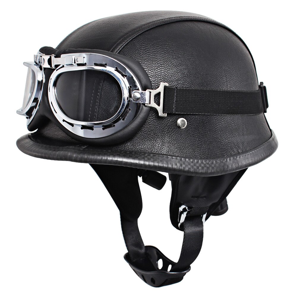 Leer Motorfiets Vintage Helm Duitse Motorbike Open Gezicht Half Helm Met Bril Chopper Biker Pilot Scooter Cruiser