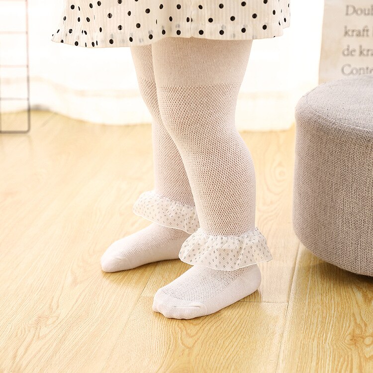 Spring Mesh Thin Lace Baby Pantyhose Kids Girls Princess Tights Cute Flower Children Stockings White Soft Cotton Hosiery
