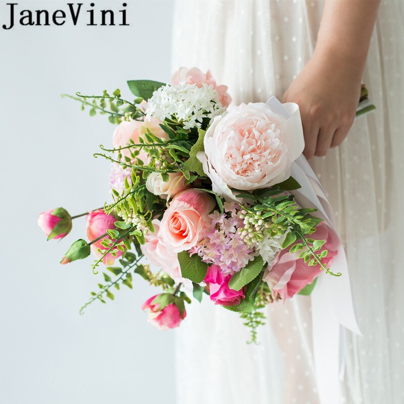 JaneVini Kunstmatige Roze Bloem Bruidsboeketten Zijde Bridal Bruid Boeket Novio Rose Pioen Bloem Boeket voor Bruidsmeisjes