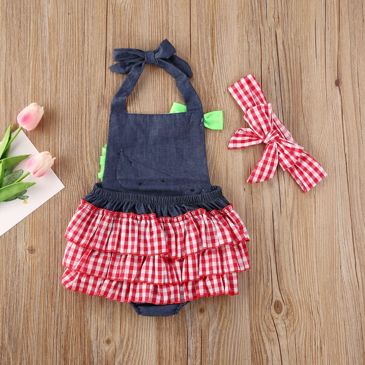 0-18m zomerse schattige babymeisjes-jongens bodysuits watermeloen geruite print mouwloze ruches jumpsuits hoofdband 2 stuks