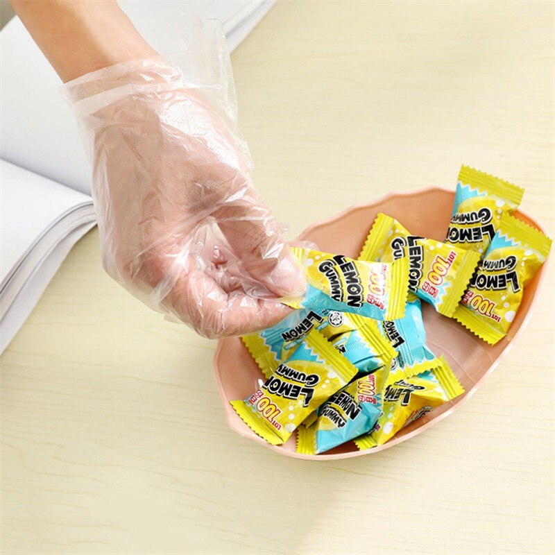 100 stuks wegwerphandschoenen pe transparante eenmalige handschoenen plastic restaurant bbq doorzichtige handschoenen handschoenen keuken anti-stof gereedschap
