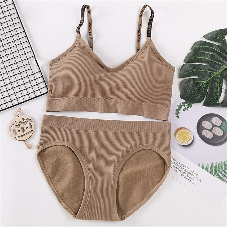 Seamless Women Top Panties Set Comfortable Cotton Tops Panties Woman Underwear Set Soft Active Wear Lingerie Fitness Crop Top: Khaki