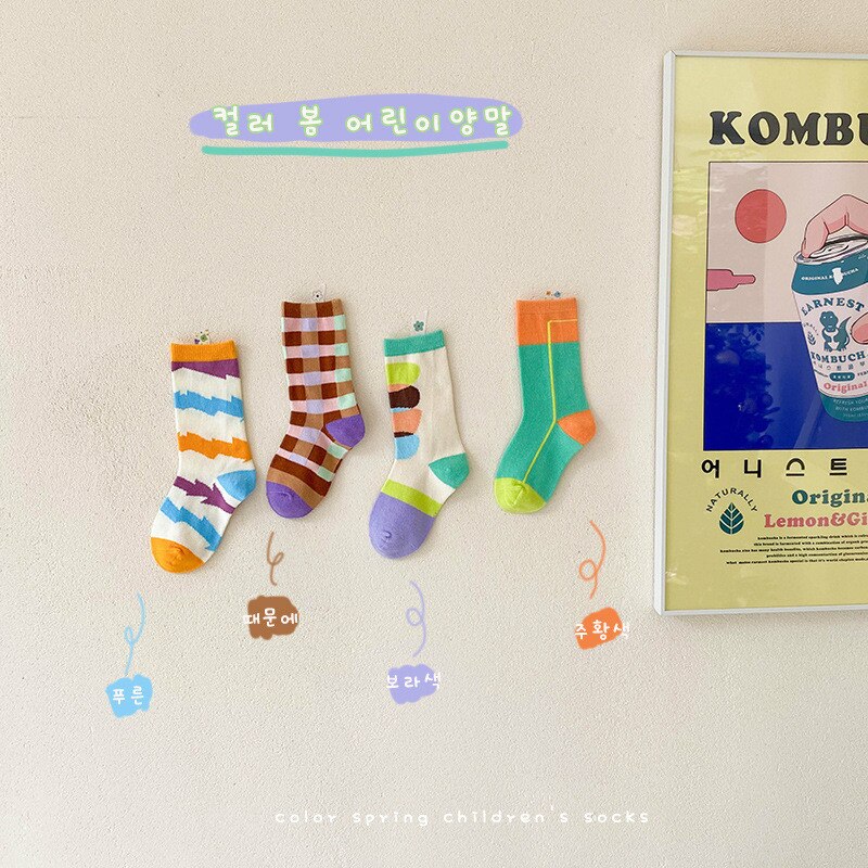 Spring Kids Socks 4 Pairs/lot Korean Cartoon Baby Boys Girls Cotton Socks 1-8Years Children Sports Socks: A / 6-8T