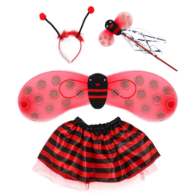 4 stk/sæt kid fairy kostume sæt mariehøne bi glitter sød vingestribet lagdelt tutu nederdel tryllestav pandebånd dress up halloween outfit: 1