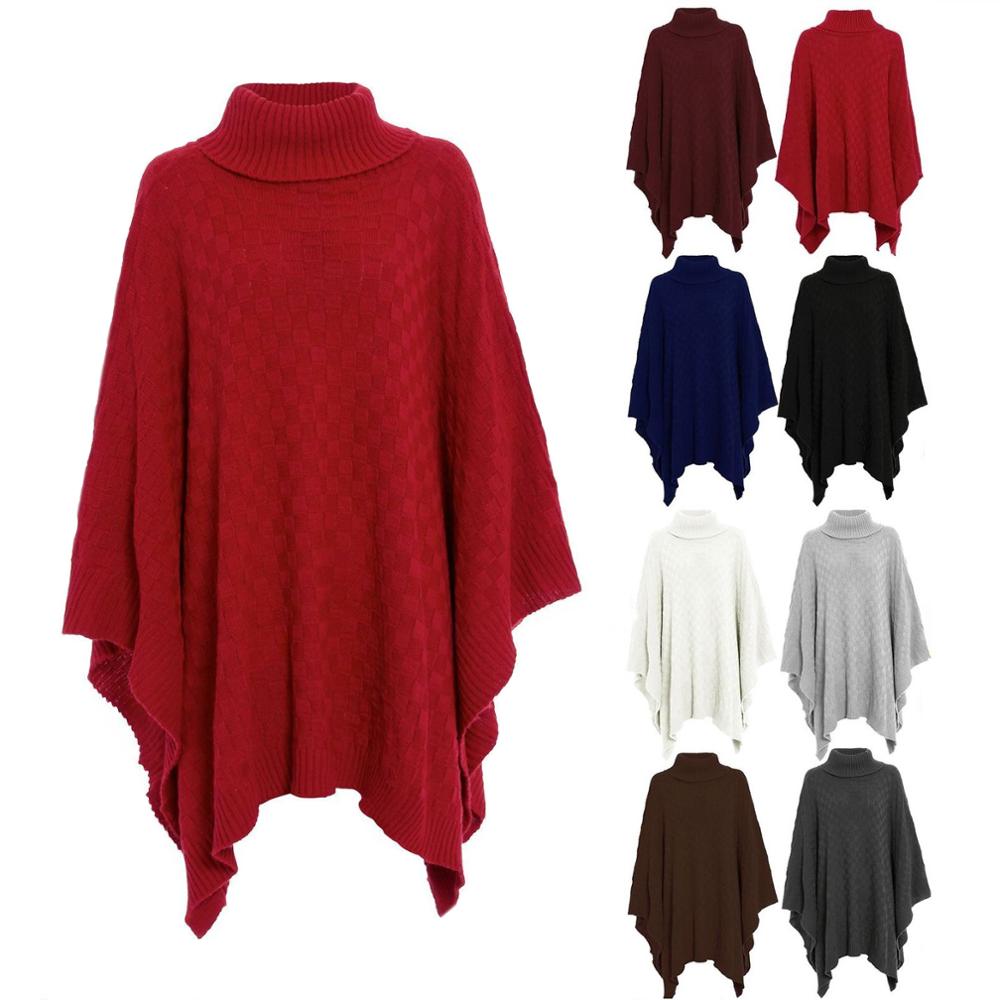 Zogaa rød turtleneck efterår vinter kvinder sweater sjaler kappe damer solid gitter strikket wrap wrap træk femme poncho jumper cape