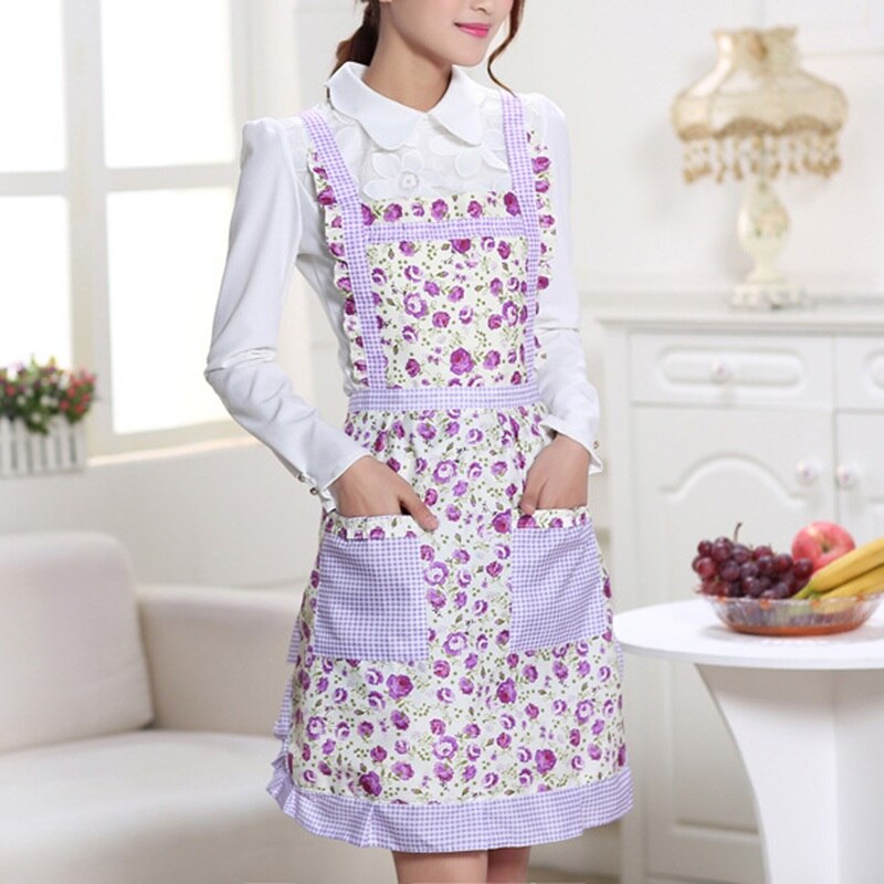 -Women Kitchen Apron Waterproof Baking Cooking Pinafore Flower Printed Princess Apron Dress Bib with Pockets: Purple flowers