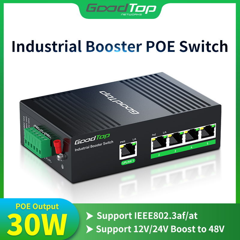 Goodtop industrial 5 portas gigabit poe switch dc12v/24v a 48v poe, energia poe compacta para energia solar/caminhão rv/sistemas voip