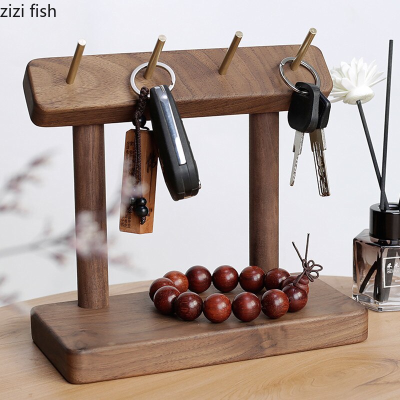Solid Wood Brass Key Hook Storage Bracket Beech Black Walnut Desktop Seat Hook Jewelry Four Hooks Decorative Shelf Key Organizer