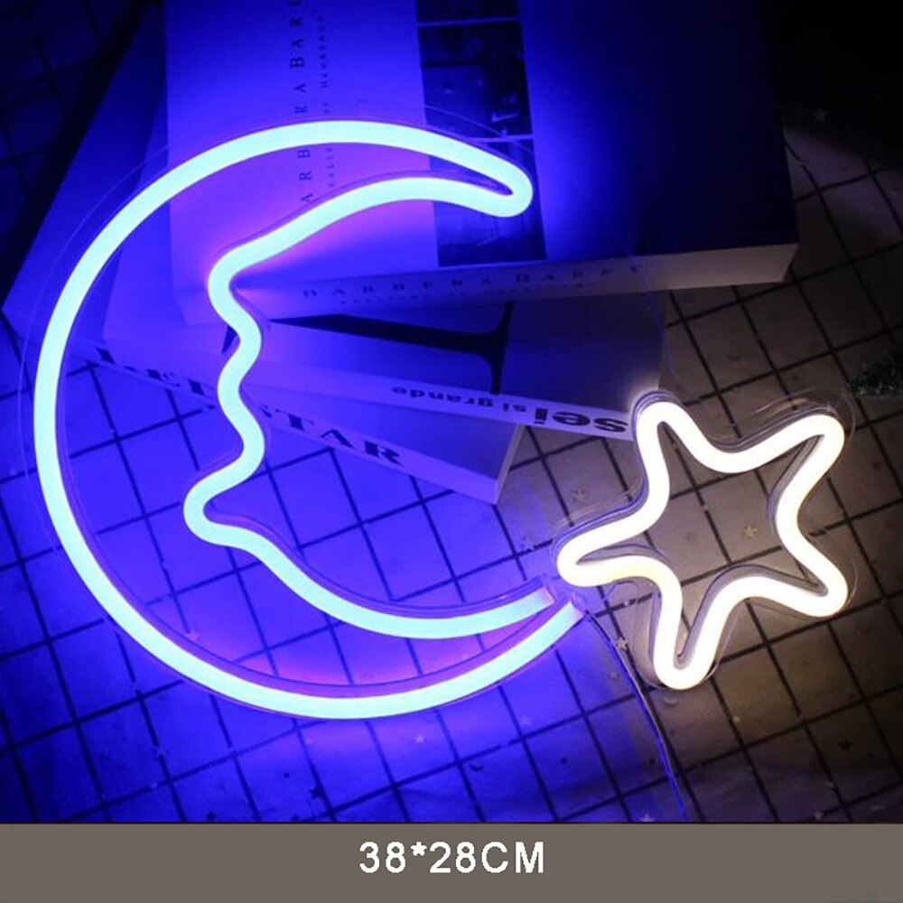 LED Neon Sign USB Powered Party Wall Hanging Light Christmas Tree Love Moon Star Unicorn Smile Cloud Gutar Bedroom Decor: Moon star