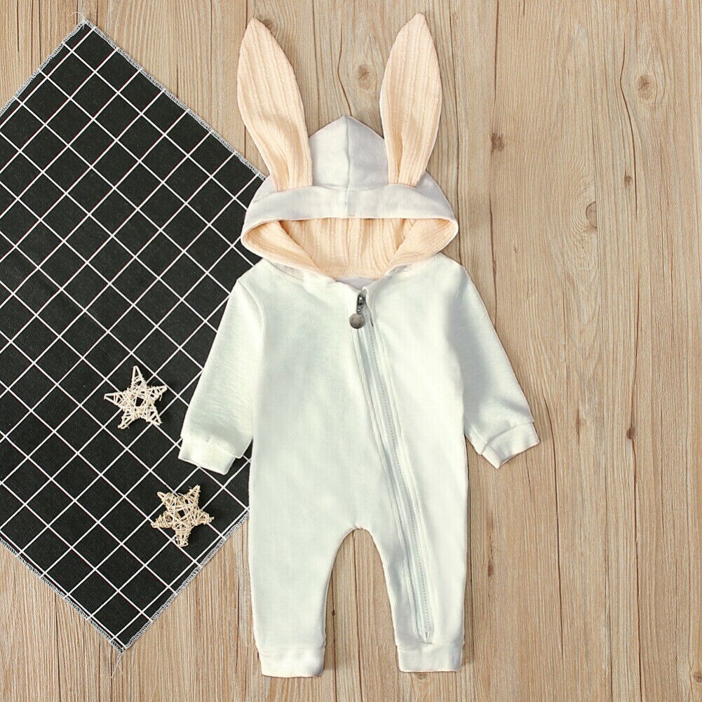 Söt nyfödd bebis pojke flicka kanin strumpor lång öra huva jumpsuit kanin lekdräkt höst vinter bebis pojke flicka påsk kostymer: Beige / 24m