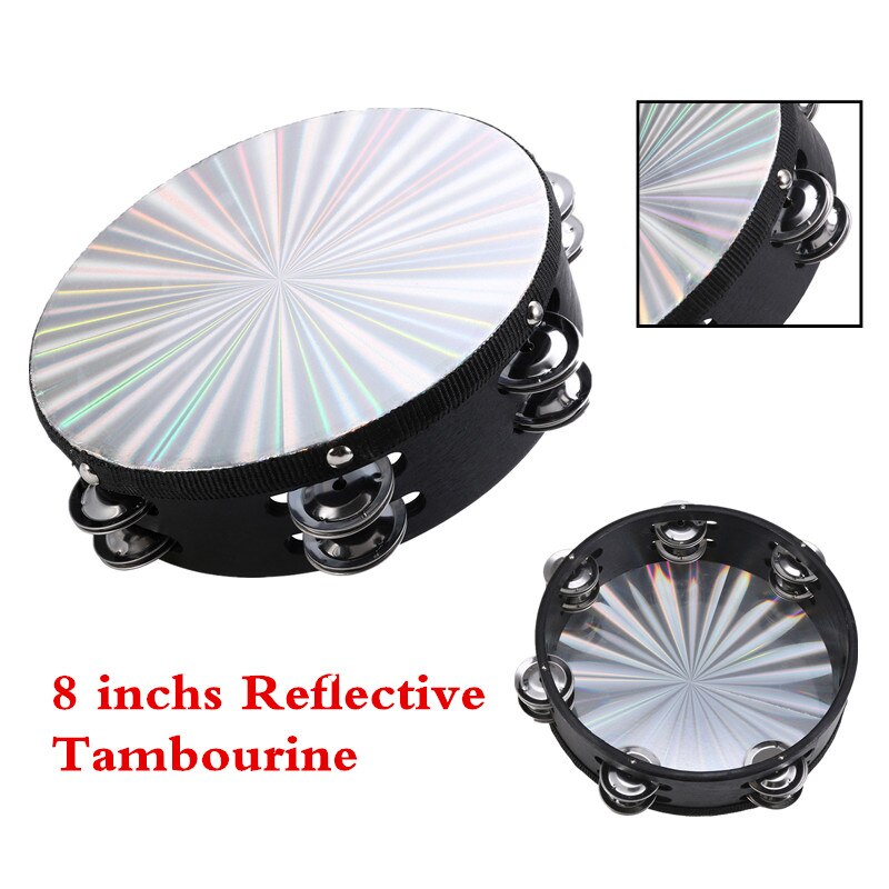 8'' Musical Tambourine Reflective Percussion Wood Frame Double Row Metal Jingle Church Band Musical Instruments For Party