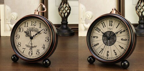 Small Retro Desk Clock Silent Metal Alarm Clock Bedroom Desktop Clock Roman Numerals Relogio Mesa Wrought Clocks AC50TC: Style5-2pcs