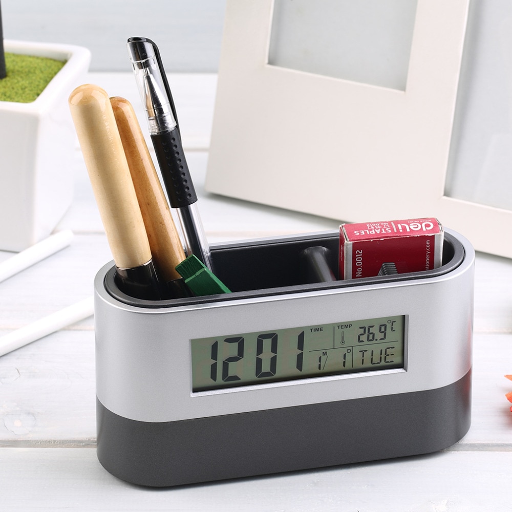 Multifunctional Home Office Digital Snooze Alarm Clock Pen Holder Calendar Temperature Display Black Blue Good Free Ship