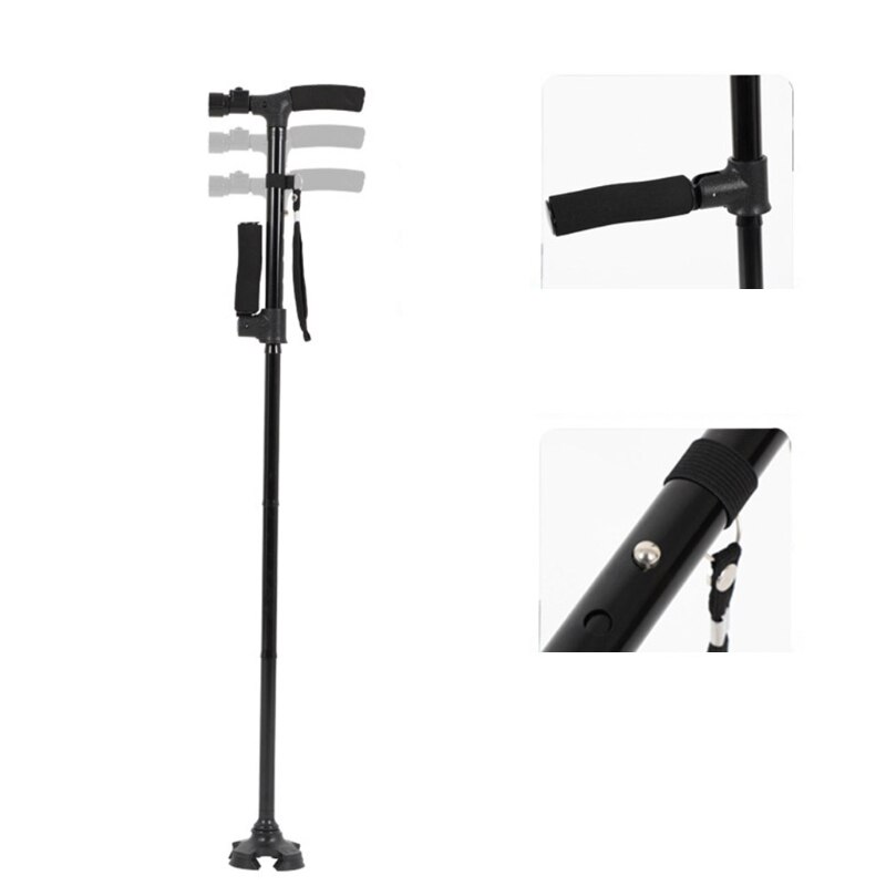 Rotating Base LED Walking Stick Hurry Cane Adjust All Terrain Pivoting Folding