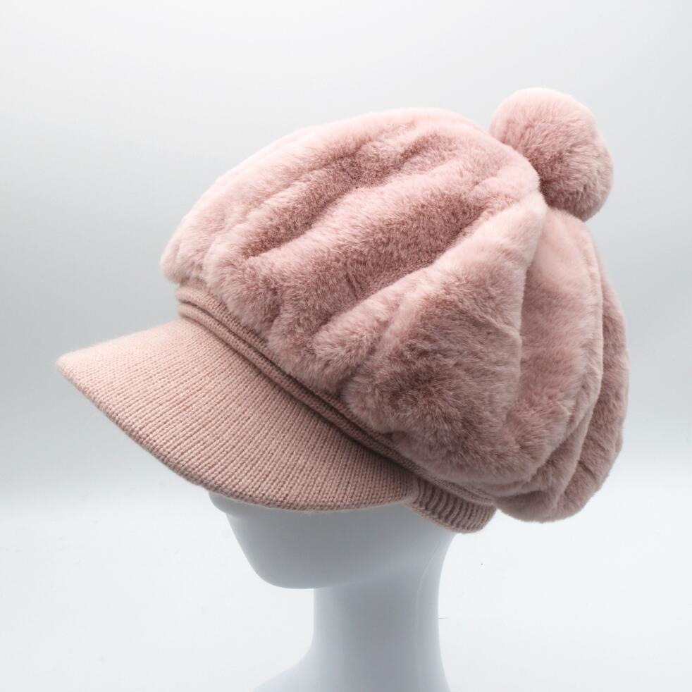 Gorro de punto para niña y niño, boina rosa, octogonal, liso, Newsboy, sombrero para mujer de piel sintética, sombrero de panadero con pompón