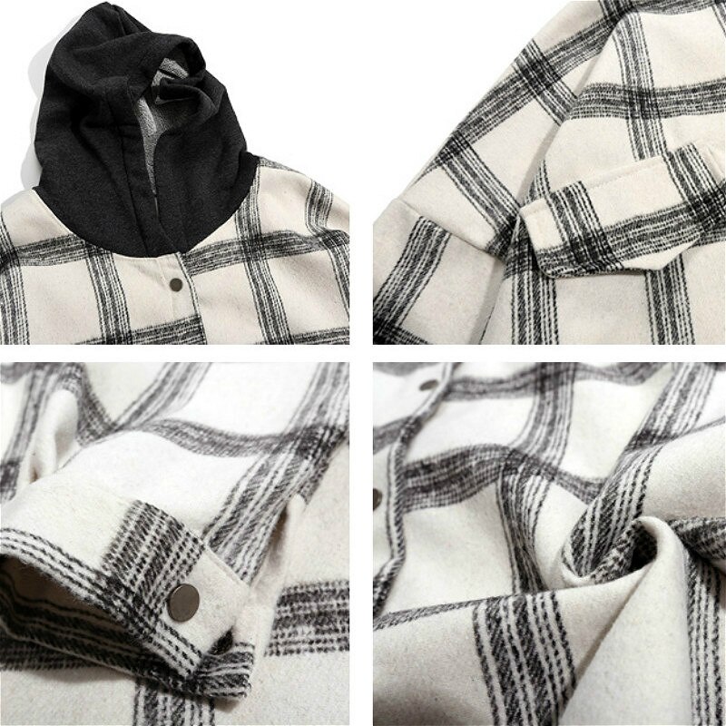 Rutiga jackor män vinter tjock bas lös koreansk retro streetwear ytterkläder sömnad hatt herr lapptäcke enkel daglig jacka