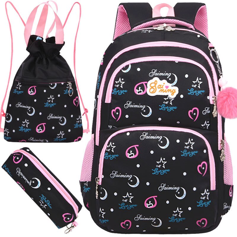 3 stk/sæt børn skoletaske søde piger rygsække udskrivning rejsetaske skoletaske nylon lynlås skoletasker: Sort