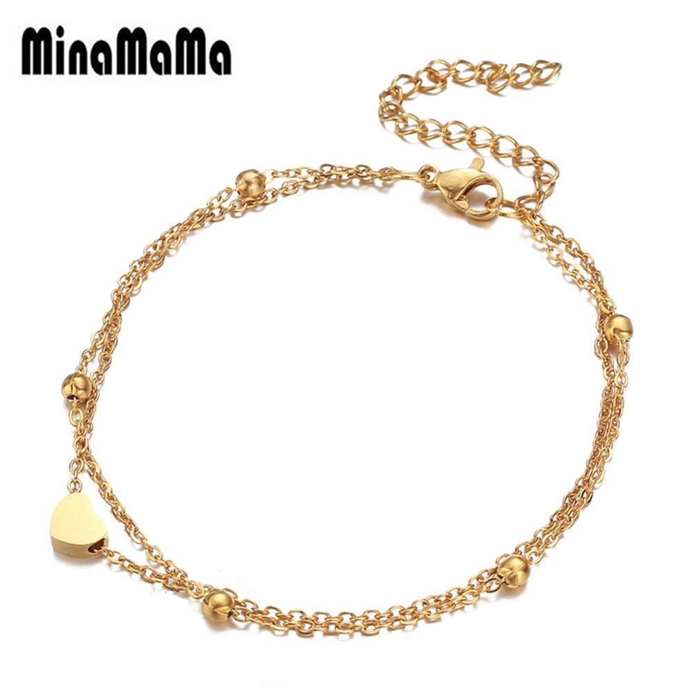 Stainless Steel Thin Bead Chain Heart Anklet For Women Double Layer Foot Anklet Sandals Bohemian Beach Leg Jewelry