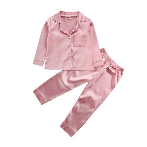 Småbørn baby dreng pige silke satin top bukser pyjamas lange ærmer solid button-down pyjamas satin sæt barn nattøj natkjole: Lyserød / 2-3y