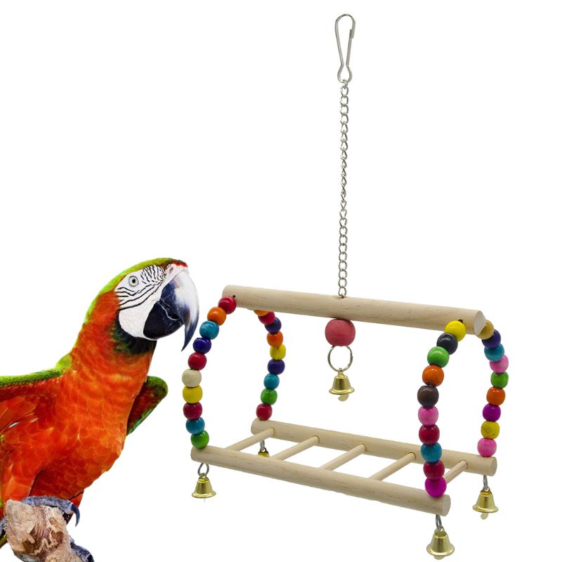 Loro de juguete pájaro colgante de madera de oscilación escalera para loros pájaro jaula de mascar juguete Bell 53CA