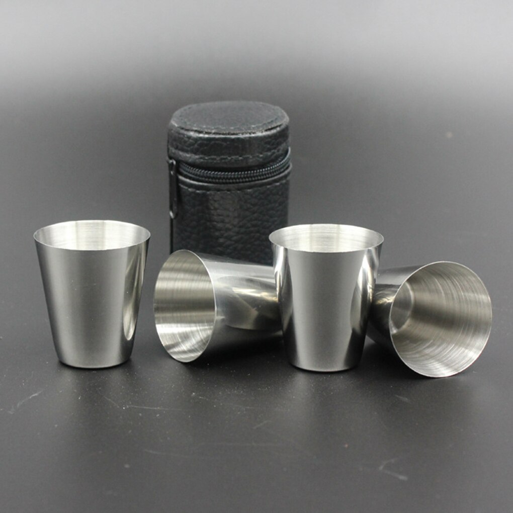 4 Stks/set Gepolijst 30 Ml Mini Rvs Shot Glas Beker Wijn Drinkglazen Met Leather Cover Tas Voor Thuis keuken Bar