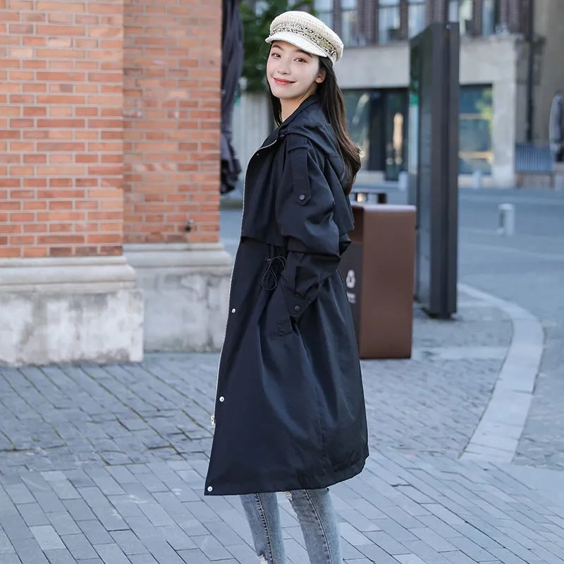 Veste coupe-vent mi-longue pour femme, manteau ample à capuche, vêtement d&#39;extérieur, pardessus décontracté, printemps automne