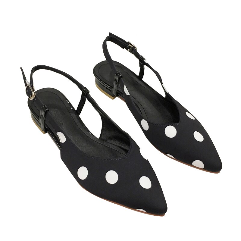 pointy toe cloth polka dot sandals brand shallow buckle slingback low heel women sandales trendy fairy dress shoes femme