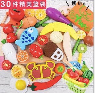 Wooden cutting fruit kitchen toy Food Toys Fruit Fish Vegetable Blocks Montessori preschool educational toy kids Birthday: 30pcs