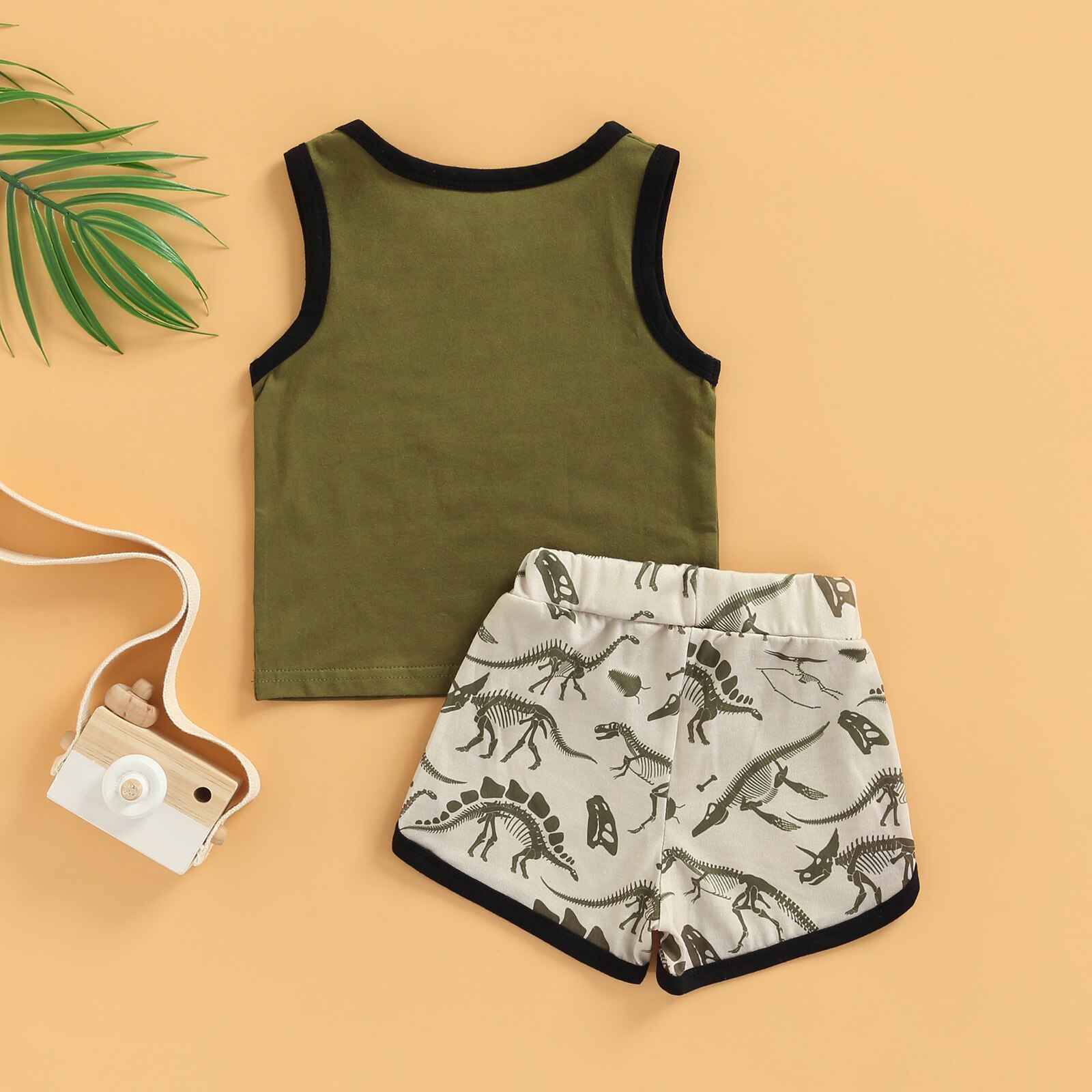 Tenue d&#39;été 2 pièces pour bébé garçon, haut gilet sans manches + short imprimé dessin animé dinosaure, couleurs assorties, col rond, lettres
