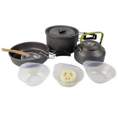 Falten Aluminium draussen Camping Kochgeschirr einstellen Tragbare Cookset Leichte Picknick Wasser Wasserkocher Topf Pfanne Schüssel Löffel Bausatz Mit Gittergewebe: Schwarz mit Utensilien