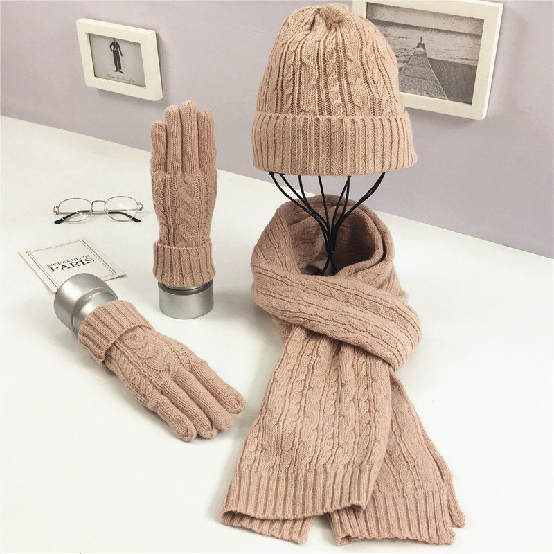 3 pcs Set Winter Knitted Hat Scarf Gloves for Women Beanie Ladies Knitted Scarves Women Winter Clothing Accessories Suit: Pink