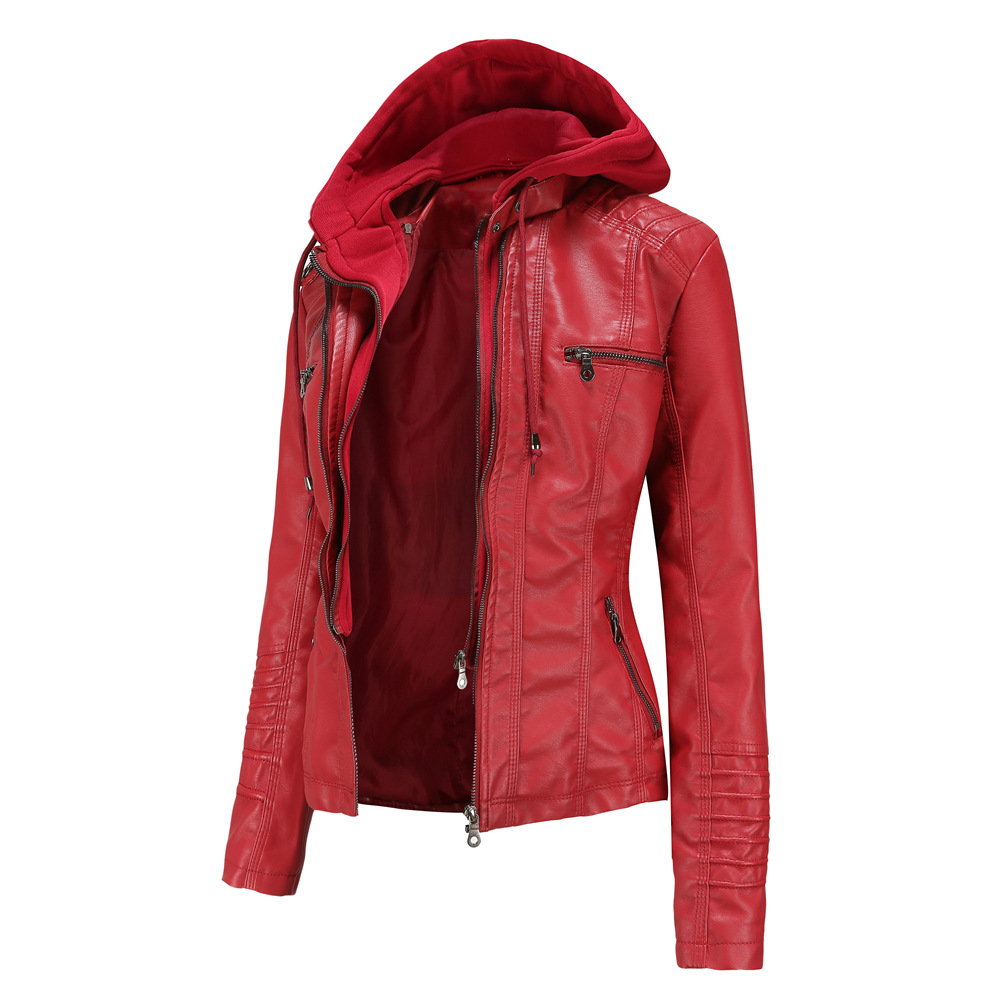 YJKDYK 2025 Lente Herfst vrouwen Lederen Jassen Capuchon Afneembare Rits Jas Vrouwelijke Zak Pure Kleur Motorjas