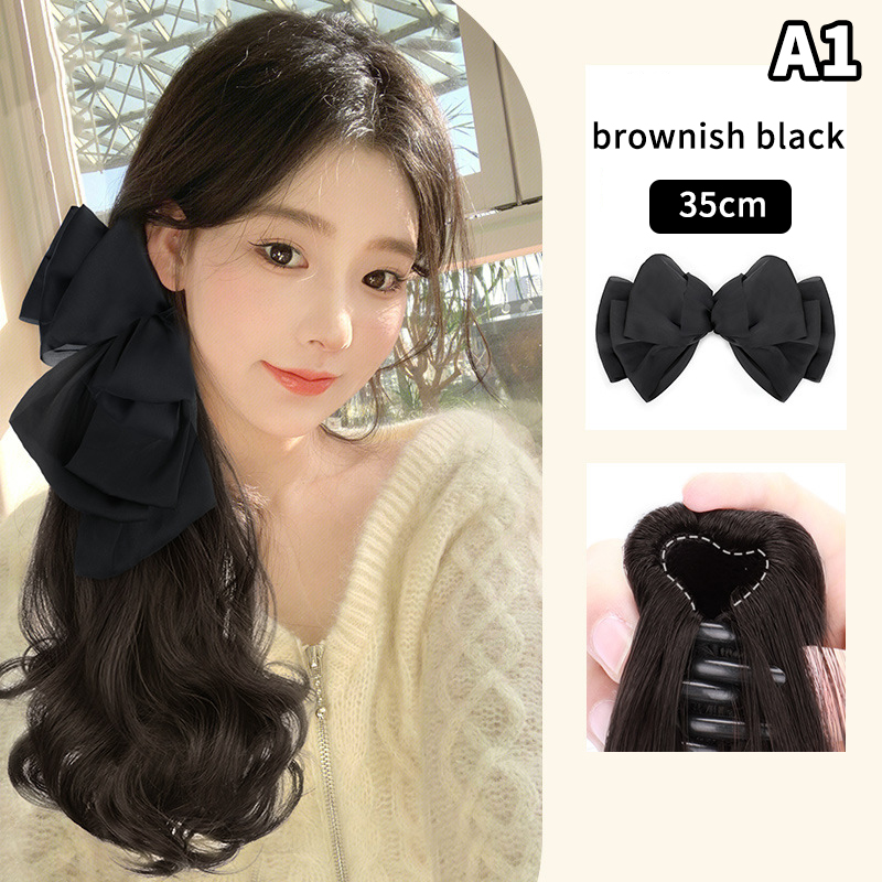 Extensions capillaires synthétiques longues et bouclées pour femmes, postiche avec nœud, pince à cheveux naturelle, postiche moelleuse: Black