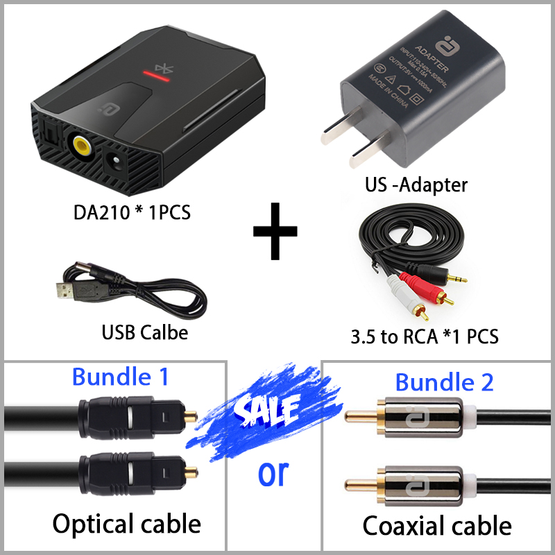 Digitale Audio Analoog Converter Bluetooth 5.0 Optical Toslink Coaxiale Signaal Naar Rca R/L Audio Decoder Spdif Atv dac Versterker: DA210 US / Bundle 1