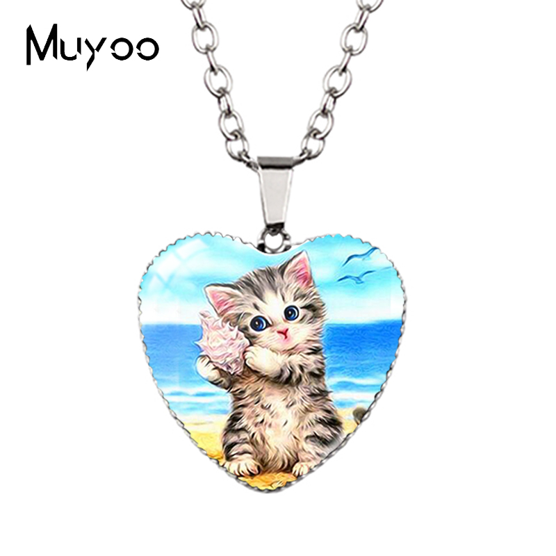 Cartoon Mooie Grappige Kittens En Muis Leuke Kitty Houdt Schelp Handgemaakte Hart Ketting Hangers Hz3: Rhodium Plated