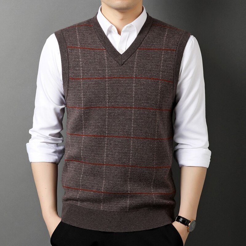 Gilet tricoté sans manches à col en V pour homme, – Grandado