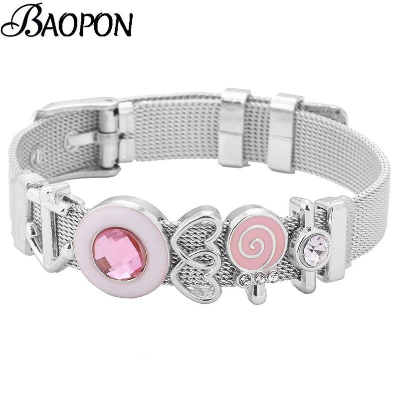Baopon roze lolly schuifbedelarmband voor dames en kinderen, roestvrij staal, hart-tot-hart mesh armband, armbanden, sieraden