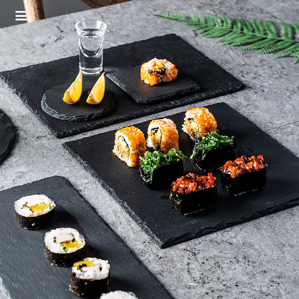 1pc natuurlijke leisteen borden restaurant steak sushi display schaal zwarte slabstone barbecue pan banketbord serveerschaal  (25cm ronde)