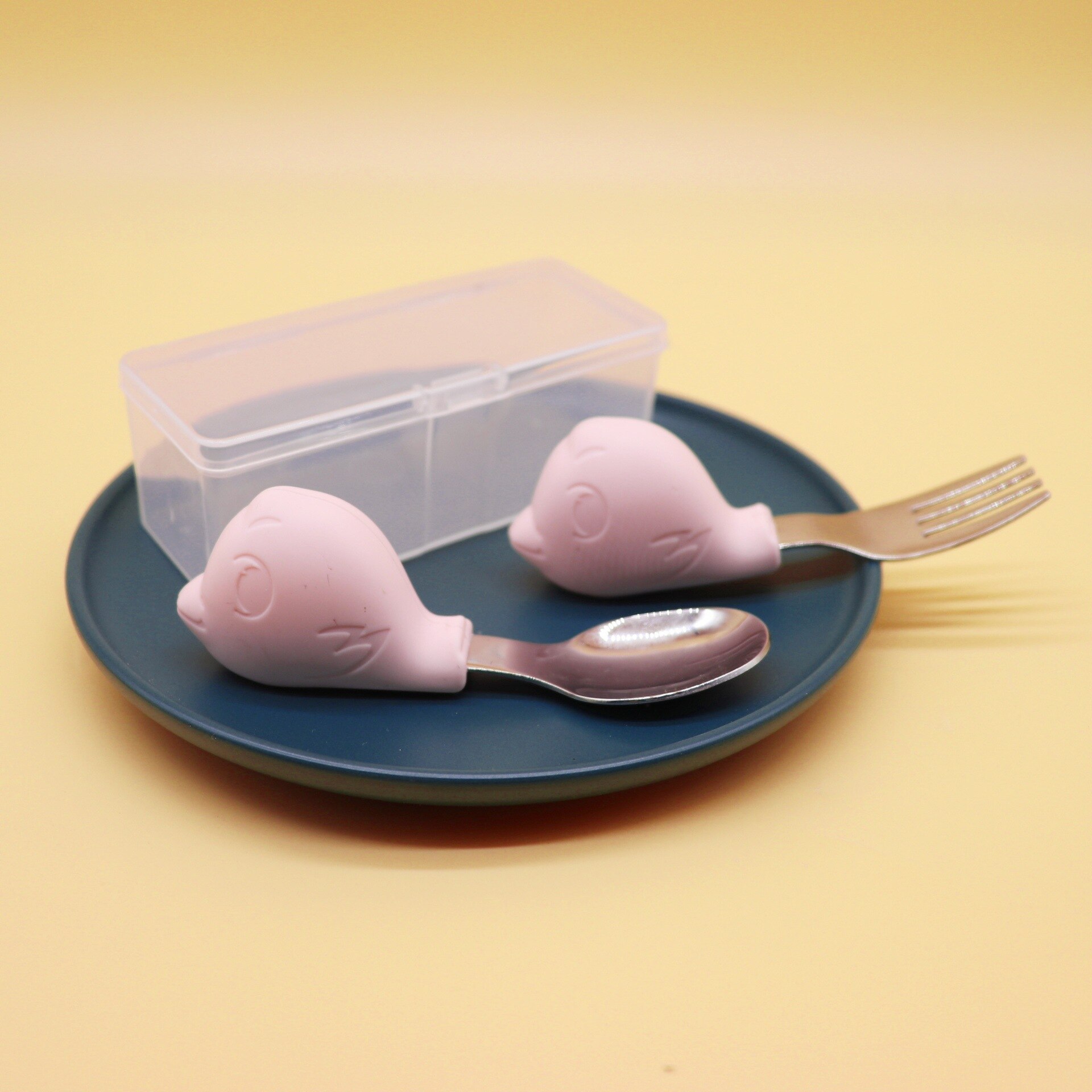 Babyservice lære at spise træning ske kort ske gaffelsæt spædbørnsservice fodergaffel baby gadgets børnebestik: Pink angry bird ske gaffel med opbevaringsboks