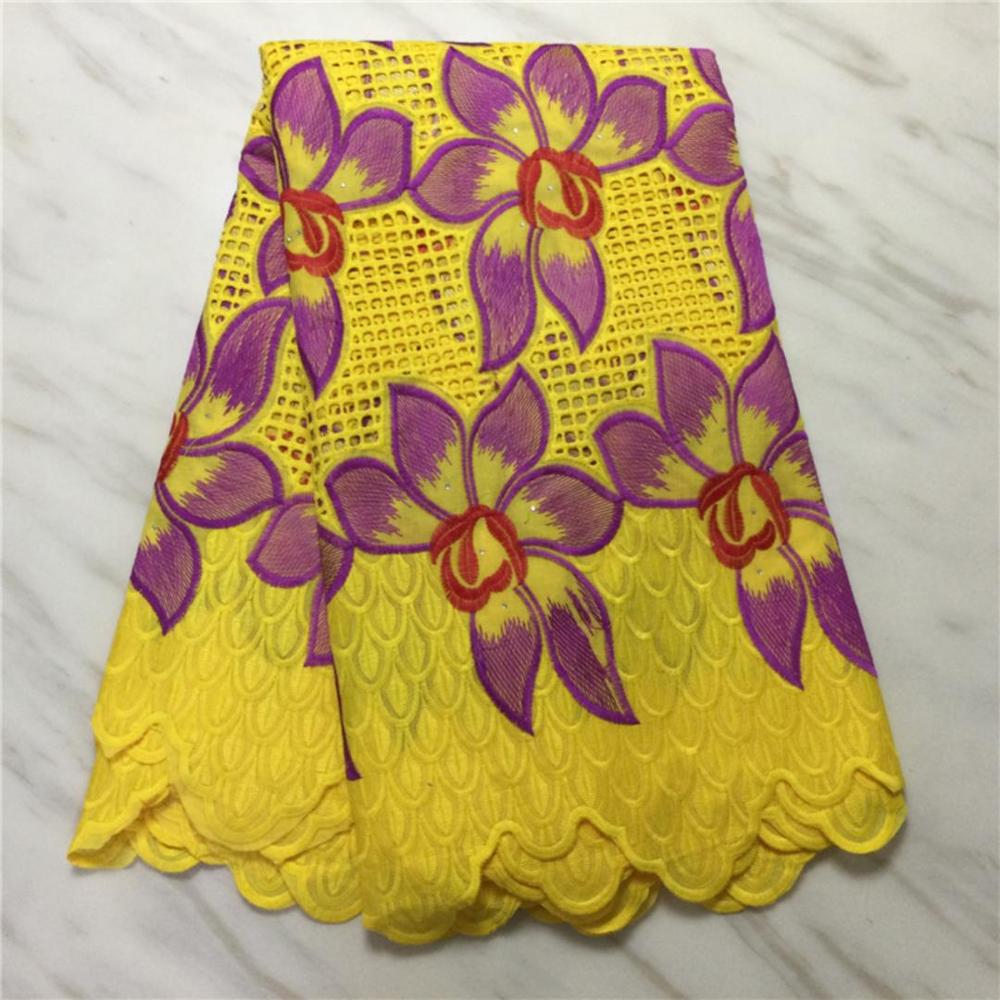 Tela de algodón de gasa Suiza perforada, lazo leche seda, bordado de flores con piedra, 5 yardas, brocado nigeriano, tejido francés africano