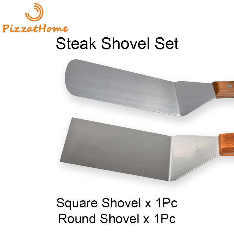 PizzAtHome-ESPÁTULA de acero inoxidable para parrilla, pala para carne con mango de madera, herramienta para barbacoa, girador de carne, pala redonda y cuadrada: Round and Square Set