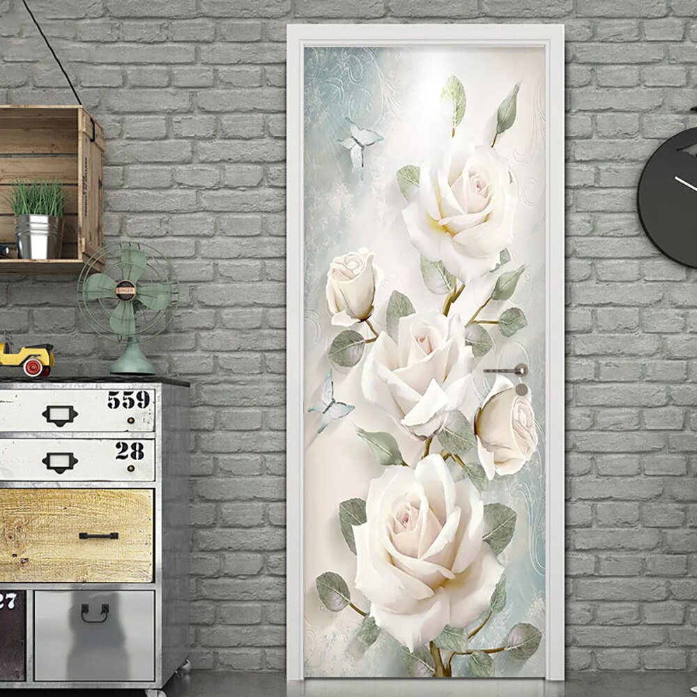 3D White Rose Flower Self-Adhesive Door Wallpaper Murals Wall Stickers Peel and Stick Door Poster for Home Decoration