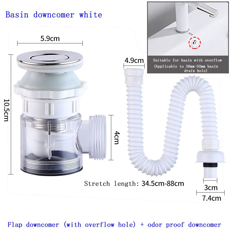 Wash Basin Down Pipe Wash Basin Stainless Steel Deodorization Drainage Hose Downcomer Large Displacement Water Pipe: BasinDowncomer white